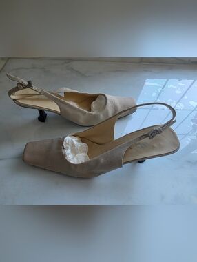 Prada Beige Slingback Heels Kitten Heel Square Toe Pumps Size 39